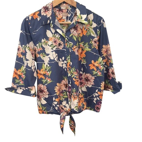 Chicos Womens Floral Top Sz L/12 Front Tie 100% Cotton Easy Care Coastal Beach - Picture 1 of 8